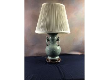 Gorgeous Green Ceramic With Mahogany Base Hand Carved Table Lamp