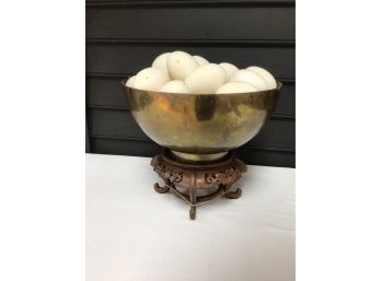 Early Large Brass Bowl With Real Blown Out Goose Egg Shells