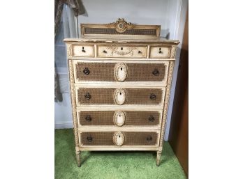Incredible Antique French Style Tall Chest - Amazing Cream Distressed Finish With Caned Drawer Fronts - WOW !