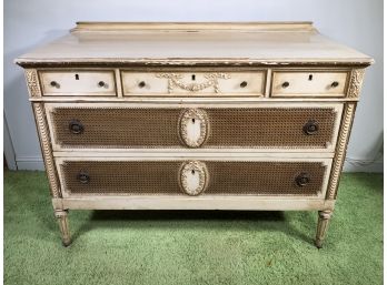 Incredible Antique French Style Low Chest - Amazing Cream Distressed Finish With Caned Drawer Fronts - WOW !