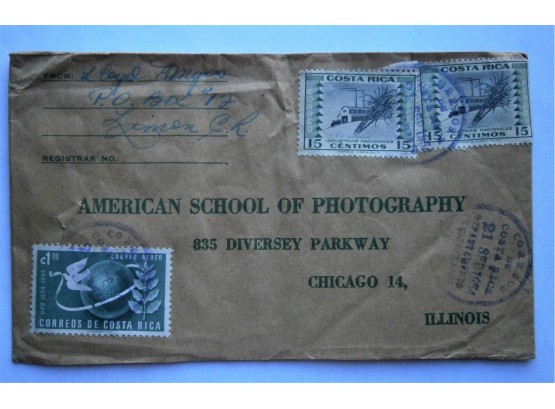 Costa Rica 1954 Registered Mail Cover To Chicago