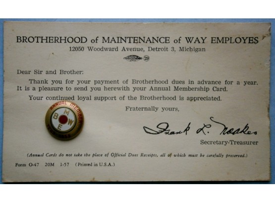 1958 BMWE (Brotherhood Of Maintenance) Railroad Pinback Button On Original Card