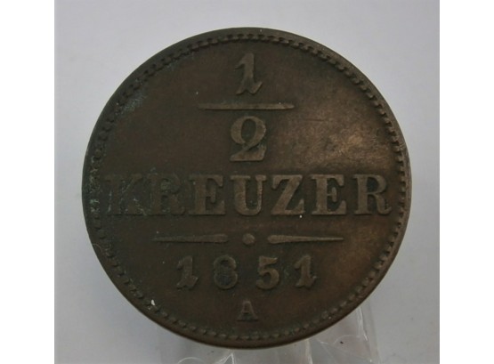 AUSTRIA SCHEIDEMUNZE 1/2 Kreuzer 1851A  Copper Coin Franz Joseph I