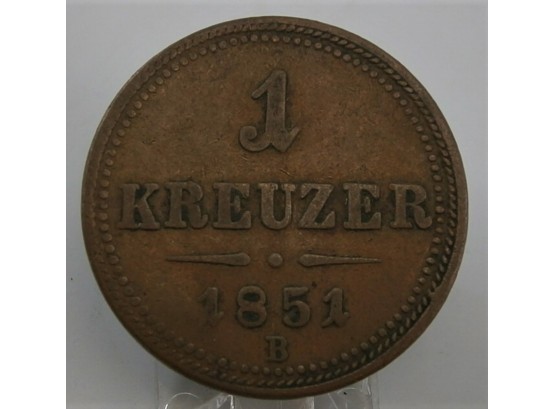 AUSTRIA SCHEIDEMUNZE 1 Kreuzer 1851B  Copper Coin Franz Joseph I