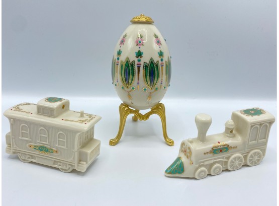 Lenox Egg On Pedestal & Two Lenox Miniature Trains