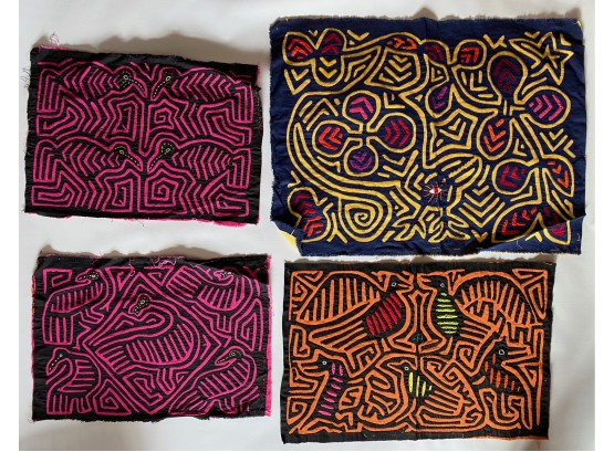 4 Vintage Cuna Indian Molas Reverse Applique Tapestries, Bought In Panama In The 1970s