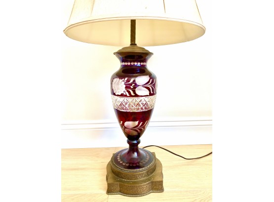 Antique Bohemian Cranberry Glass Table Lamp With Custom Shade