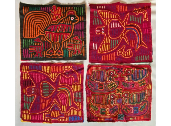 5 Vintage Cuna Indian Molas Reverse Applique Tapestries, Bought In Panama In The 1970s
