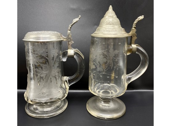 2 Vintage Etched Glass Beer Steins With Pewter Covers