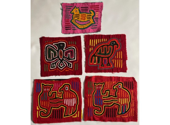 5 Vintage Cuna Indian Molas Reverse Applique Tapestries, Bought In Panama In The 1970s