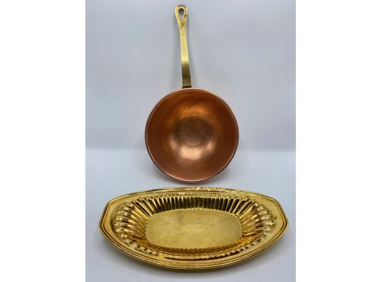 Vintage Copper Zabaglione Pan With Brass Handle & Gold Tone Platter