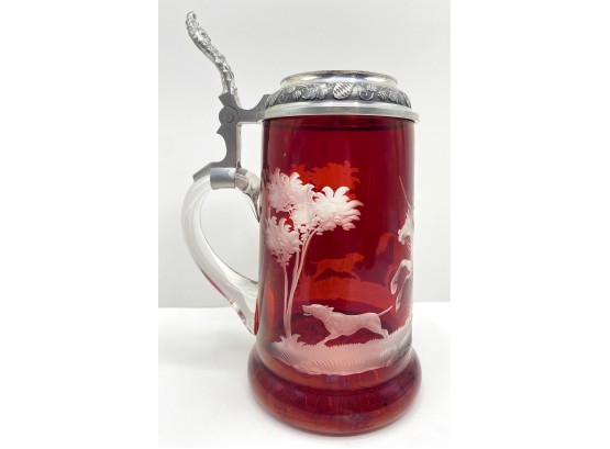 Vintage Cranberry Etched Glass Beer Stein