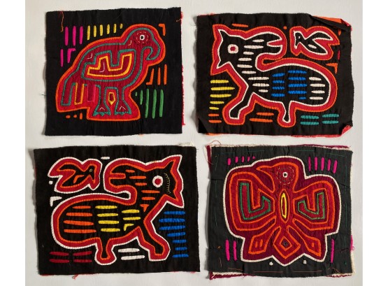 Four Vintage Cuna Indian Molas Reverse Applique Tapestries, Bought In Panama In The 1970s