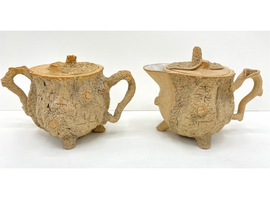 Handmade Ceramic Creamer & Sugar Bowl With Glazed Interior & Chinese Writing