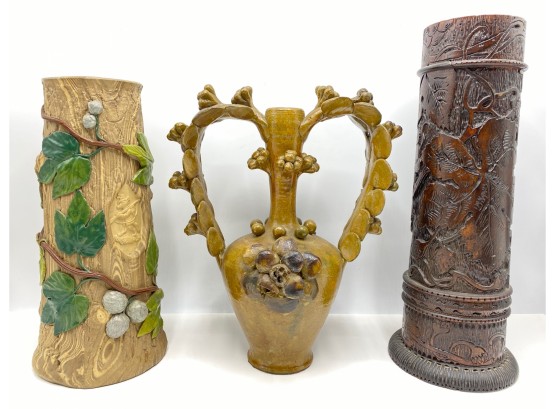 3 Large Vintage Vases: 2 Handmade Floral Ceramics & Carved Wood