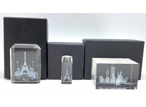 3 New In Box 3D Laser Engraved Crystal Paperweights: Paris & New York, Israel