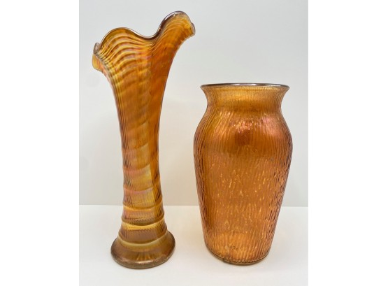2 Vintage Marigold Carnival Glass Vases