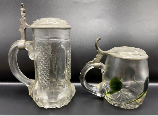 2 Vintage Glass Beer Steins With Pewter Covers & Monogrammed