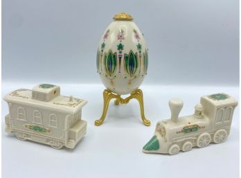 Lenox Egg On Pedestal & Two Lenox Miniature Trains