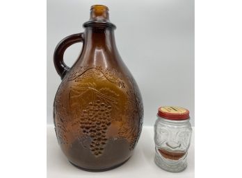 Vintage 1930s Maywood Cameo Glass Gallon Brown Amber Jug & Nash's Lucky Joe Bank Mustard Jar