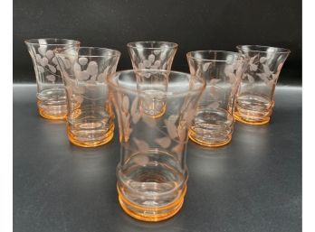 6 Antique Etched Pink Drinking Glasses
