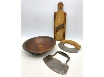 Antique Kitchen Tools: Mandoline, Choppers & Wooden Bowl