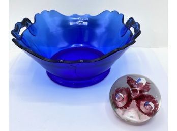 Vintage L. E. Smith Cobalt Blue Two Handled Glass Bowl & Handmade Glass Paperweight