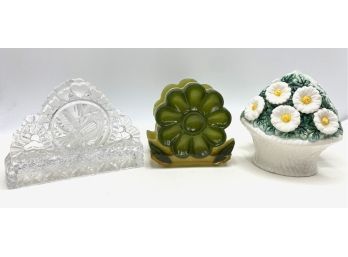 3 Napkin Holders:  Vintage 1970s Green Flower, Cut Crystal & 1997 Cracker Barrel