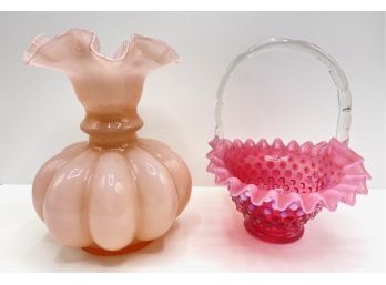 Vintage  Fenton Pink Opalescent Hobnail Glass Brides Basket &  Opaque Pink Vase