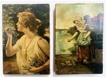 2 Antique Miniature Original Oil Paintings, Signed