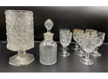 Vintage Cut Crystal Pedestal Vase, Covered Bottle & 7 Wine Glasses