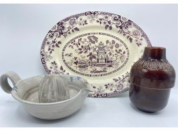 Vintage Myott & Son Platter, Ceramic Vase & Hand Made Ceramic Juicer, Signed