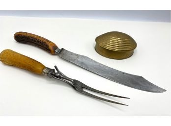 Antique J Russell & Co Green River Works Knife And Fork & Small Gatco Brass Box, India