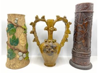 3 Large Vintage Vases: 2 Handmade Floral Ceramics & Carved Wood