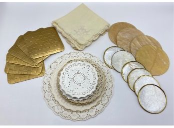 Vintage Mother Of Pearl Coasters, 6 Vintage Napkins (appear Unused), Large Stack Of Paper Doilies & More