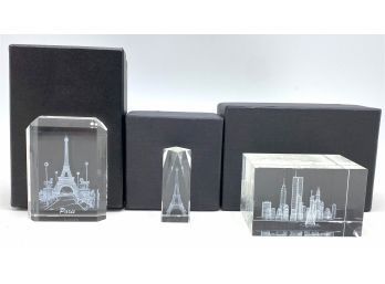 3 New In Box 3D Laser Engraved Crystal Paperweights: Paris & New York, Israel