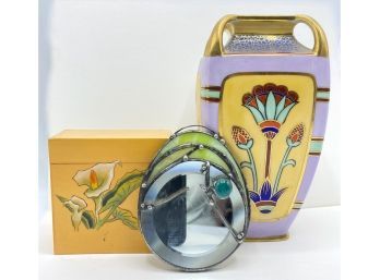 Noritake Vase, Japan & Wood Trinket Box From Hong Kong & Small Stained Glass Mirror