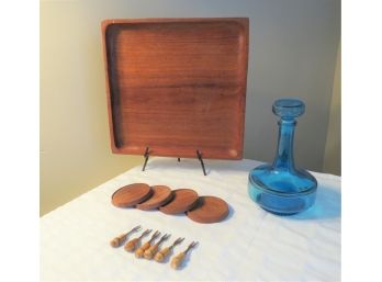 MCM Blue Cordial Bottle With Teak Tray And Bamboo Forks