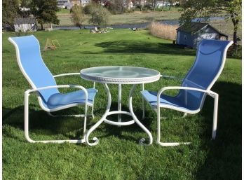 Pair Of Tropitone Marconi Aluminum Slingback Chairs And Glass Top Patio Table