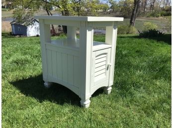 Farmhouse Style White End Table With Cabinet Base, Louvered Door