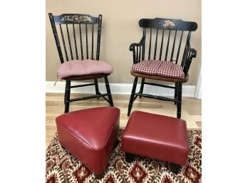 Beautiful Pair Of HITCHCOCK Chairs With Unique Ottomans