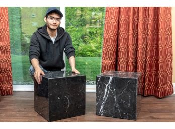 Pair Of Nero Marquina Black Marble Cube Block Tables