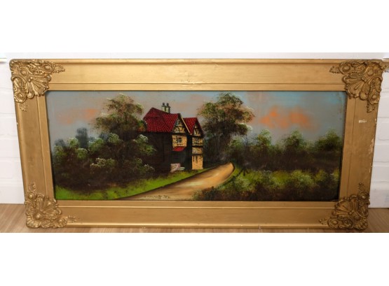 Stunning 18th Century Inspired Reverse Painting On Glass Titled 'a Roadside Inn'