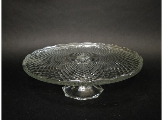 Vintage Raised Pattern Glass Cake Stand With Scalloped Edge