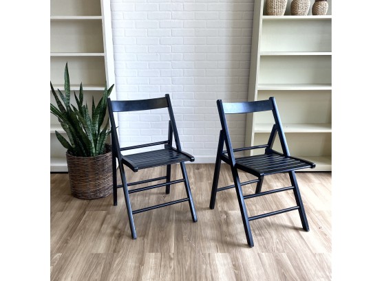 Pair Of Black Slatted Wood Folding Chairs