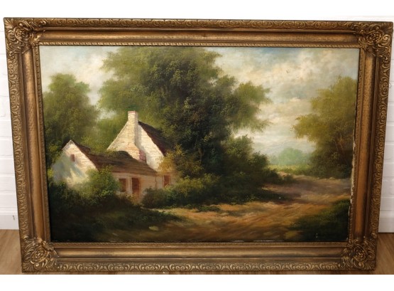 Country Cottage Impressionist Canvas Painting With Ornate Gold Leaf Frame