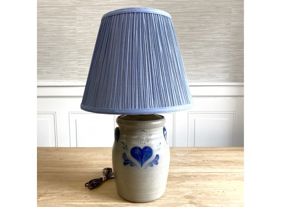 Stoneware Crock Lamp With Blue Ruched Shade Rowe Pottery 1993 Cambridge, WI