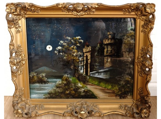 Vintage Reverse Painting On Glass With Ornate Gold Gilt Frame