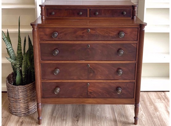 Antique French Inspired Fluted Stacked Dresser With Flame Mahogany Inlay