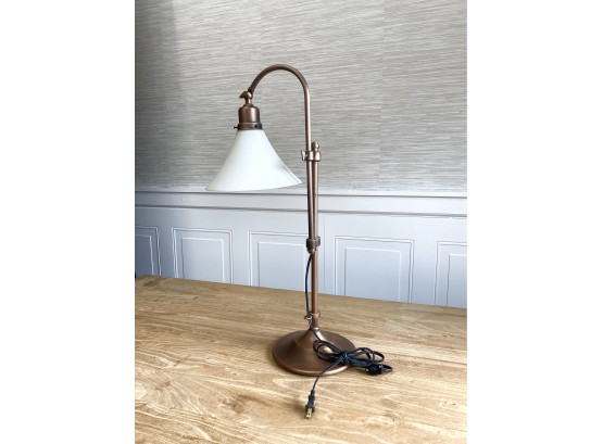 Mid-century Inspired Brushed Copper Arched Table Lamp With A Frosted Bell Shade